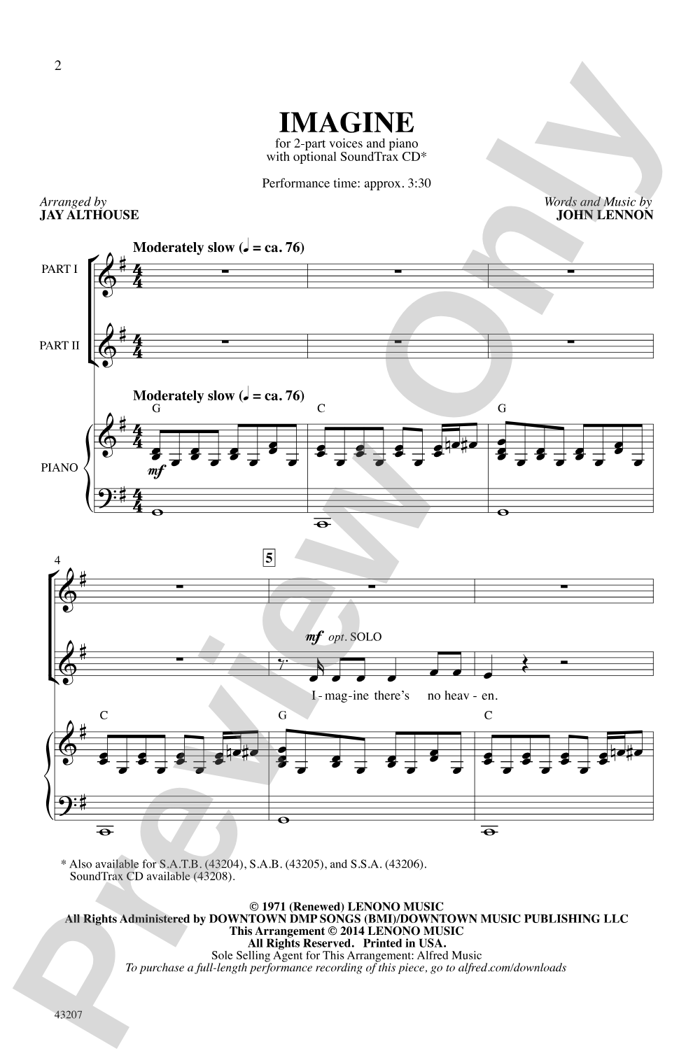 Imagine: 2-Part Choral Octavo