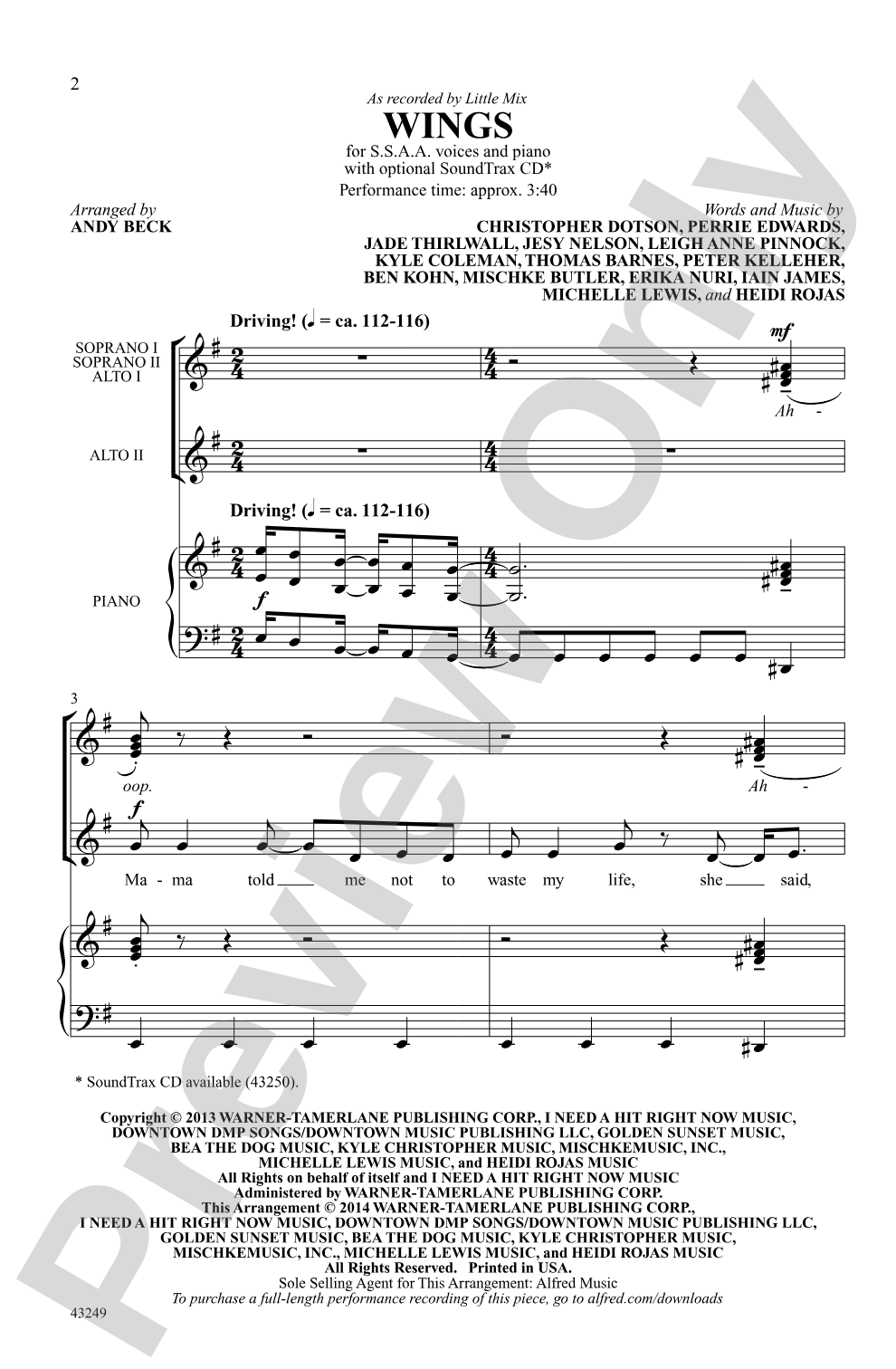 Wings (SSAA): SSAA Choral Octavo