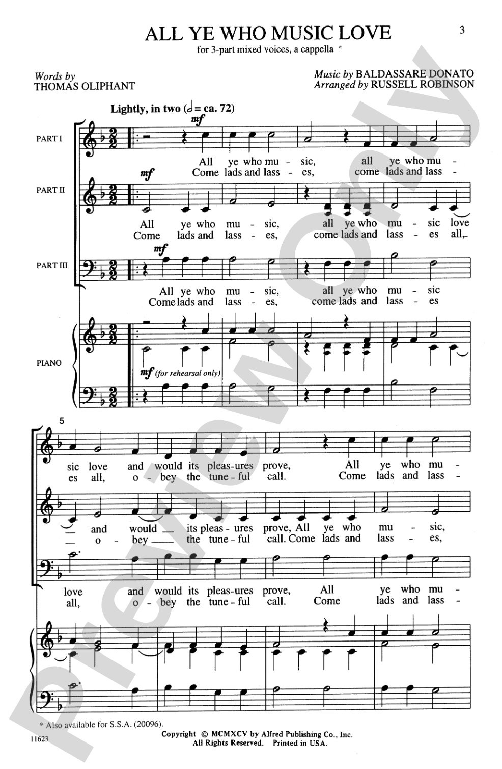 All Ye Who Music Love: 3-Part Mixed, <I>a cappella</I> Choral Octavo