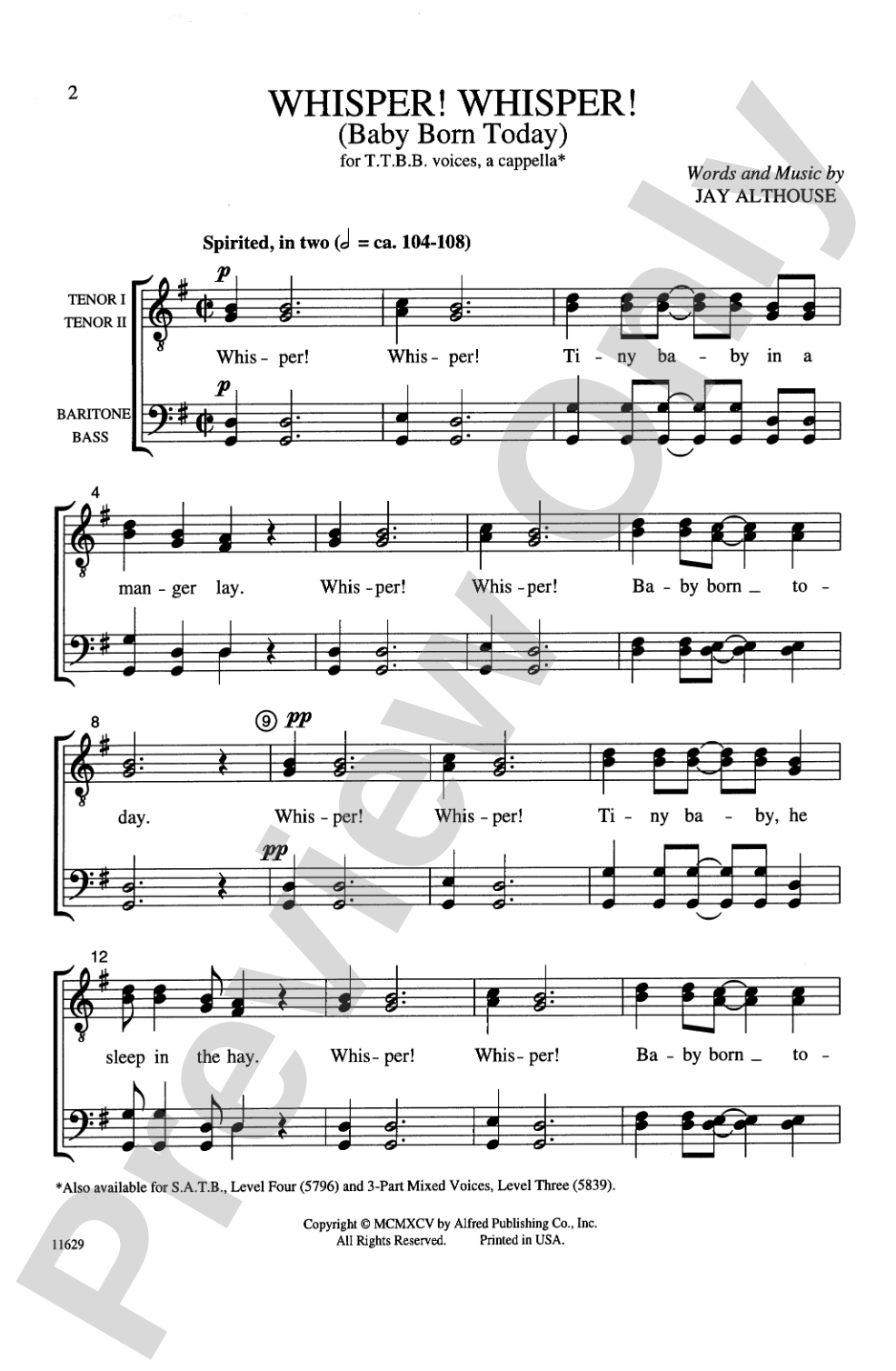 Whisper! Whisper! (Baby Born Today): TTBB, <I>a cappella</I> Choral Octavo