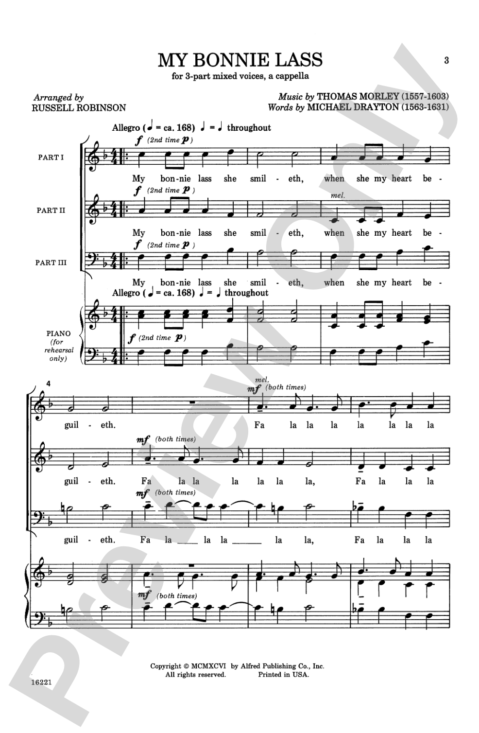 My Bonnie Lass: 3-Part Mixed, <I>a cappella</I> Choral Octavo