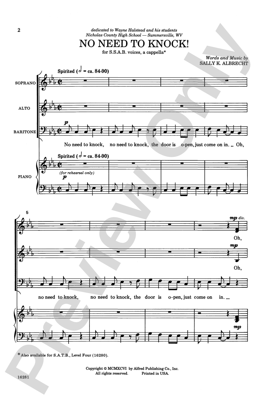 No Need to Knock!: SSAB, <I>a cappella</I> Choral Octavo