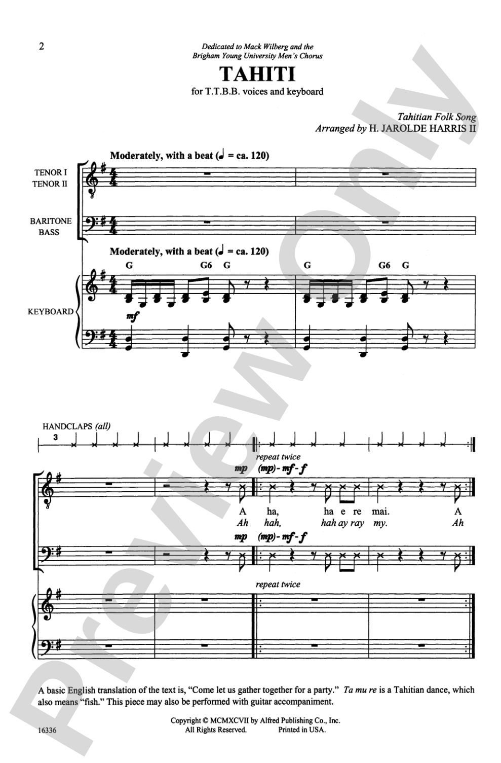 Tahiti: TTBB Choral Octavo