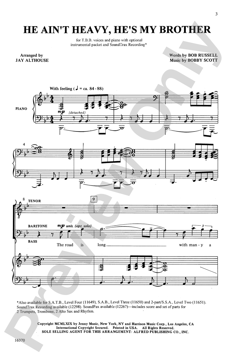 He Ain't Heavy, He's My Brother: TBB Choral Octavo