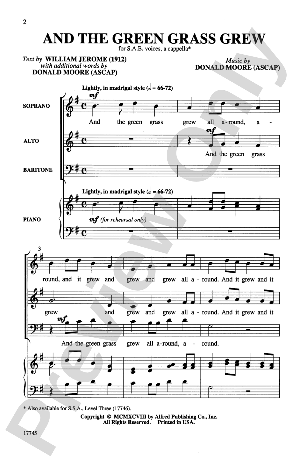 And the Green Grass Grew: SAB, <I>a cappella</I> Choral Octavo