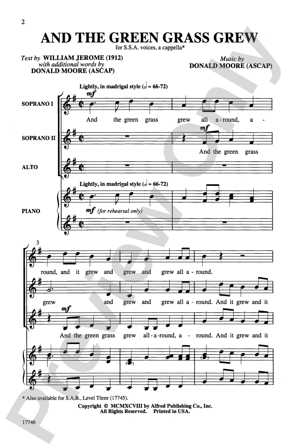 And the Green Grass Grew: SSA, <I>a cappella</I> Choral Octavo