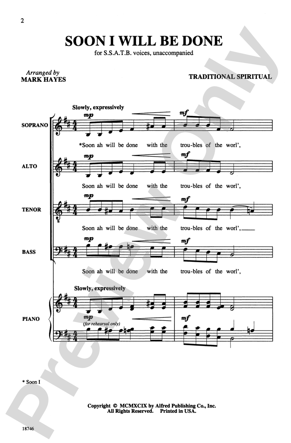 Soon I Will Be Done: SSATB, <I>a cappella</I> Choral Octavo