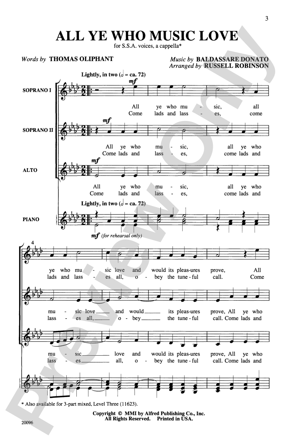 All Ye Who Music Love: SSA, <I>a cappella</I> Choral Octavo