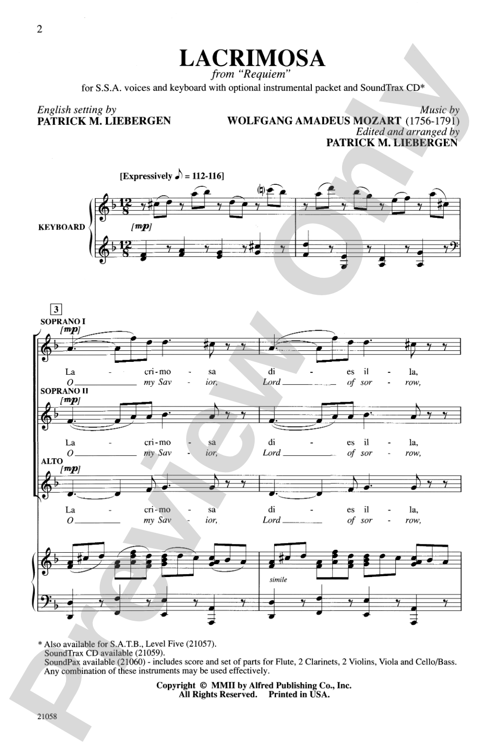 Lacrimosa (from <i>Requiem</i>): SSA Choral Octavo