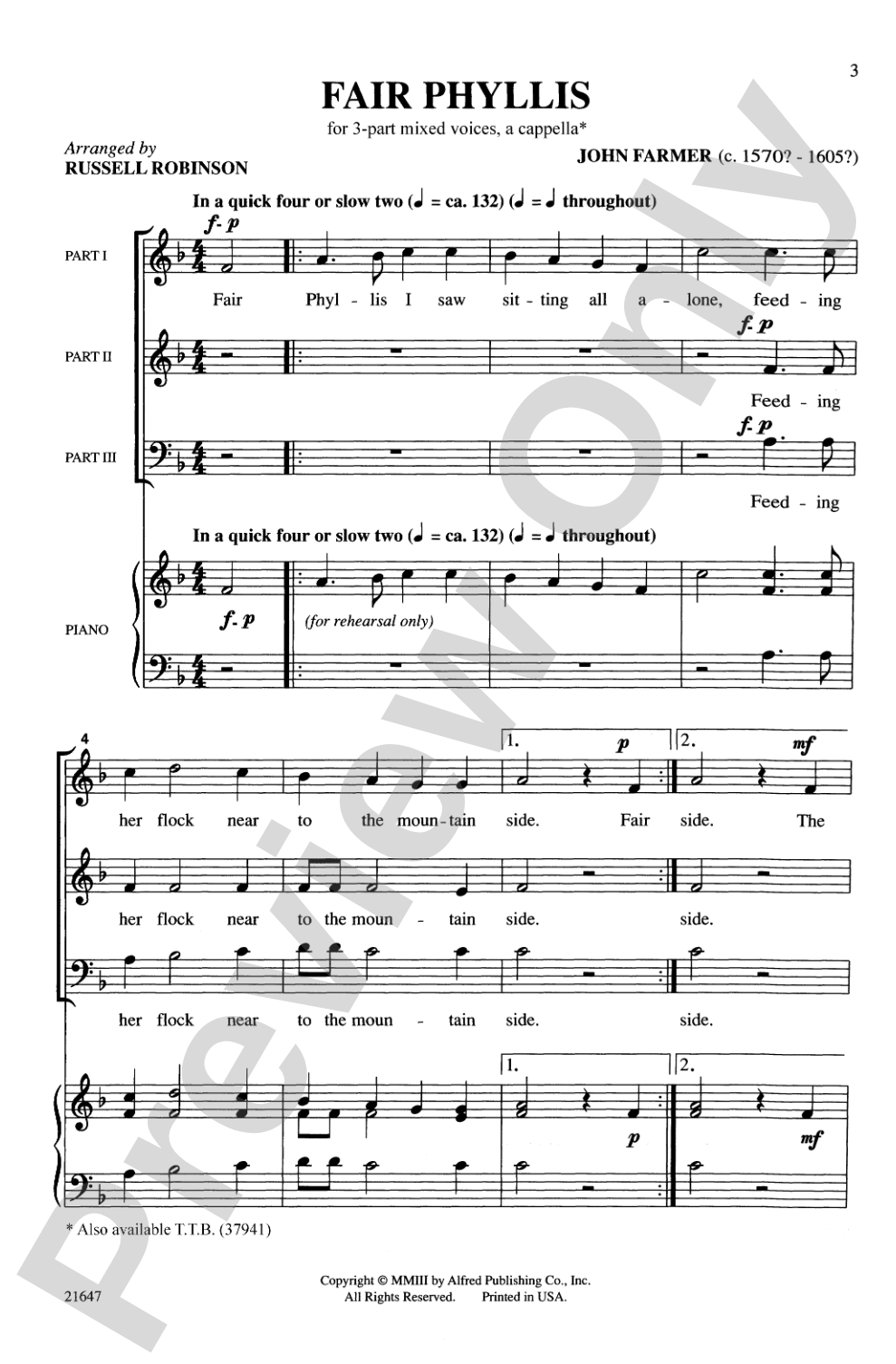Fair Phyllis: 3-Part Mixed, <I>a cappella</I> Choral Octavo