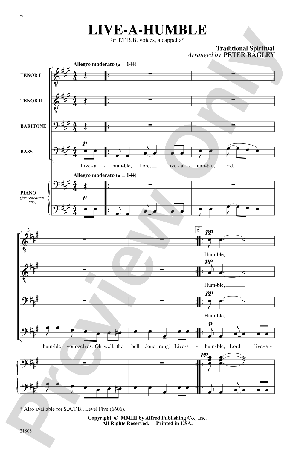 Live-a-Humble: TTBB, <I>a cappella</I> Choral Octavo