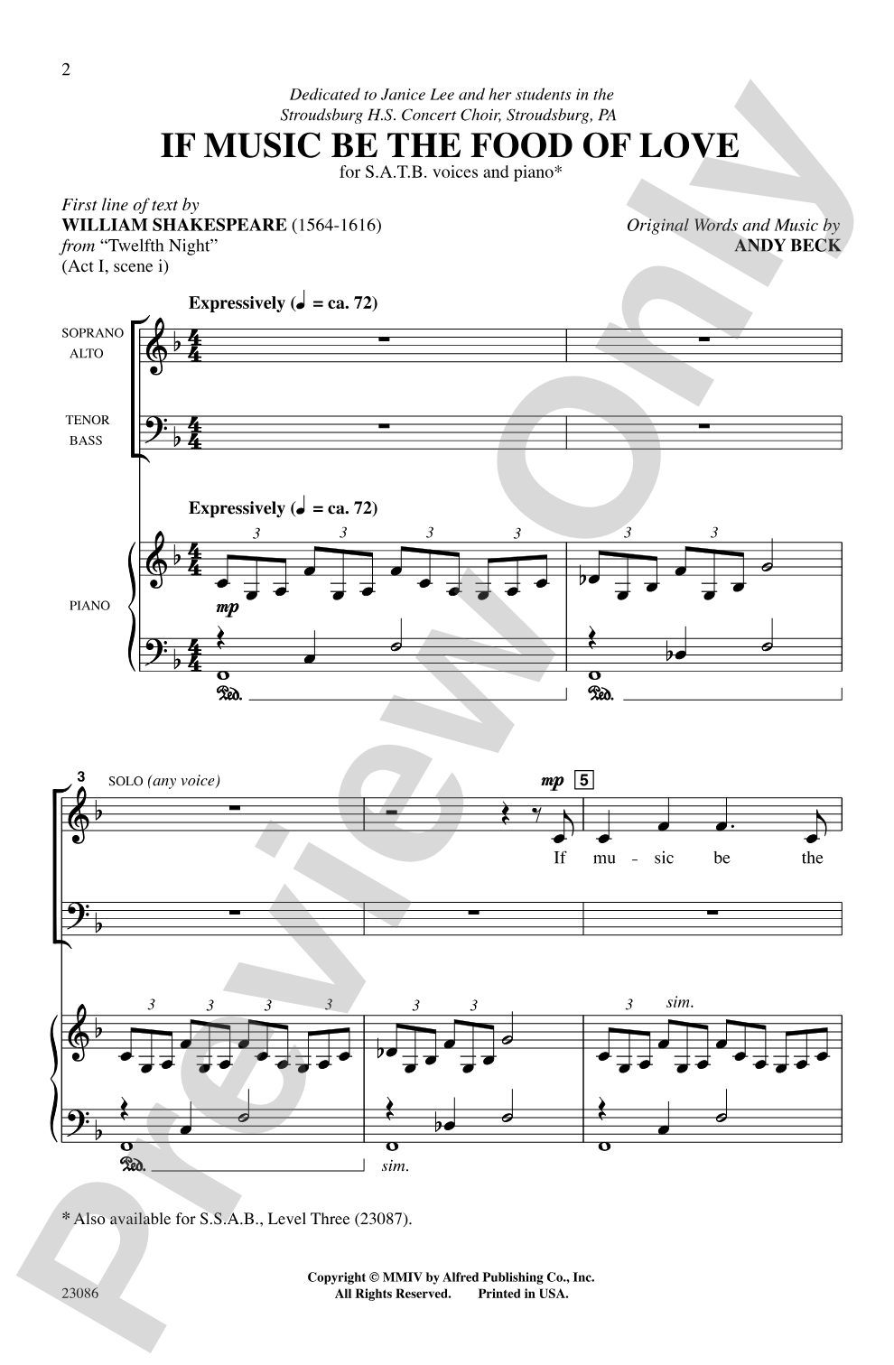 If Music Be the Food of Love: SATB Choral Octavo