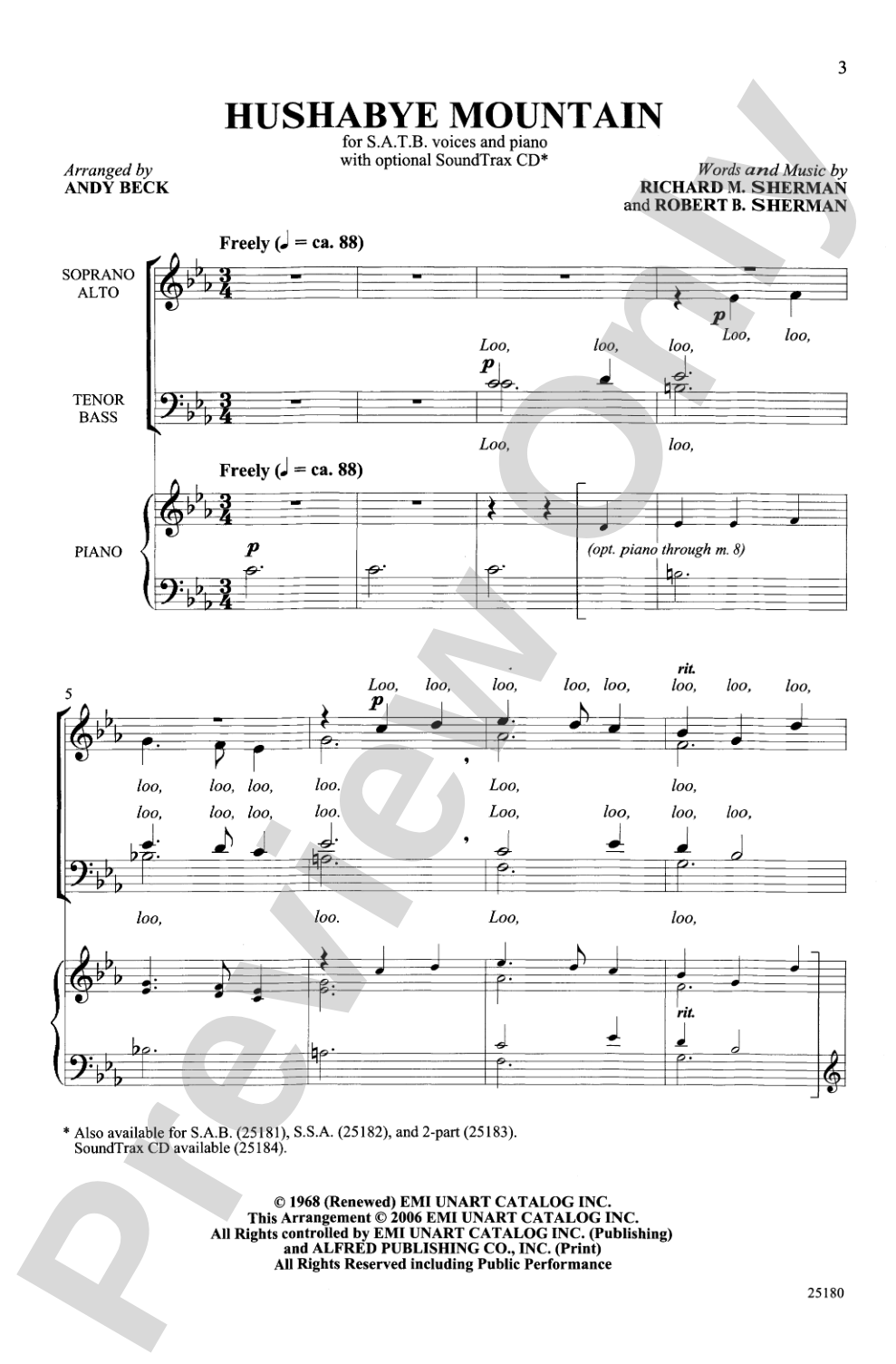 Hushabye Mountain (from the musical <I>Chitty Chitty Bang Bang</I>): SATB Choral Octavo