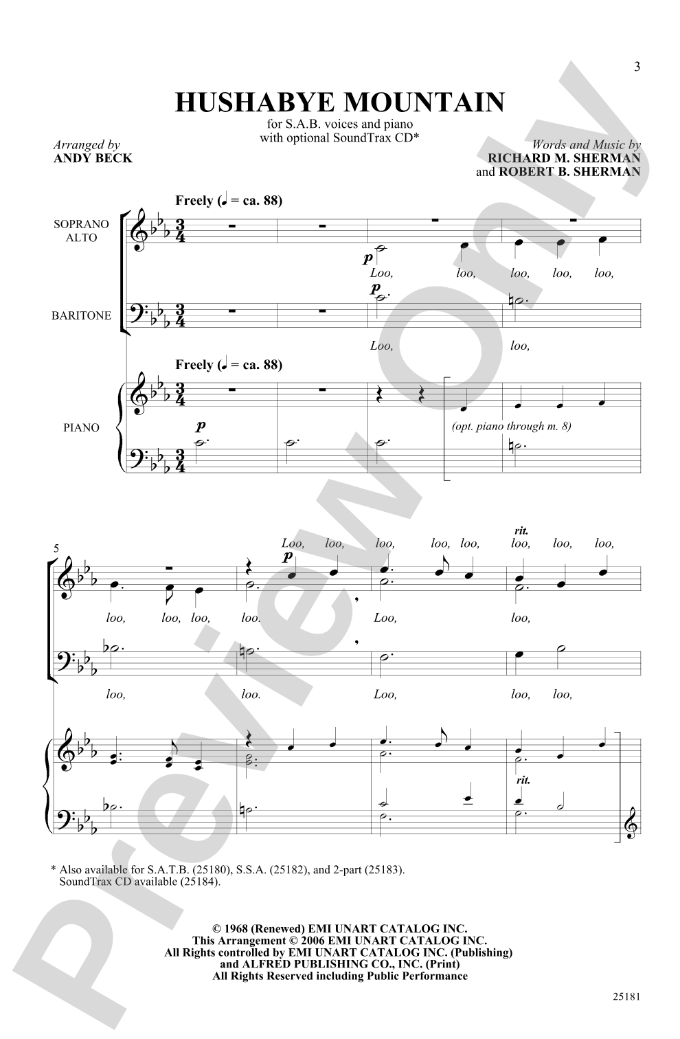 Hushabye Mountain (from the musical <I>Chitty Chitty Bang Bang</I>): SAB Choral Octavo