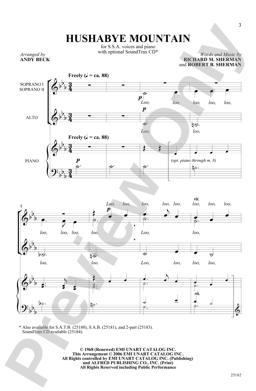 Hushabye Mountain (from the musical <I>Chitty Chitty Bang Bang</I>): SSA Choral Octavo