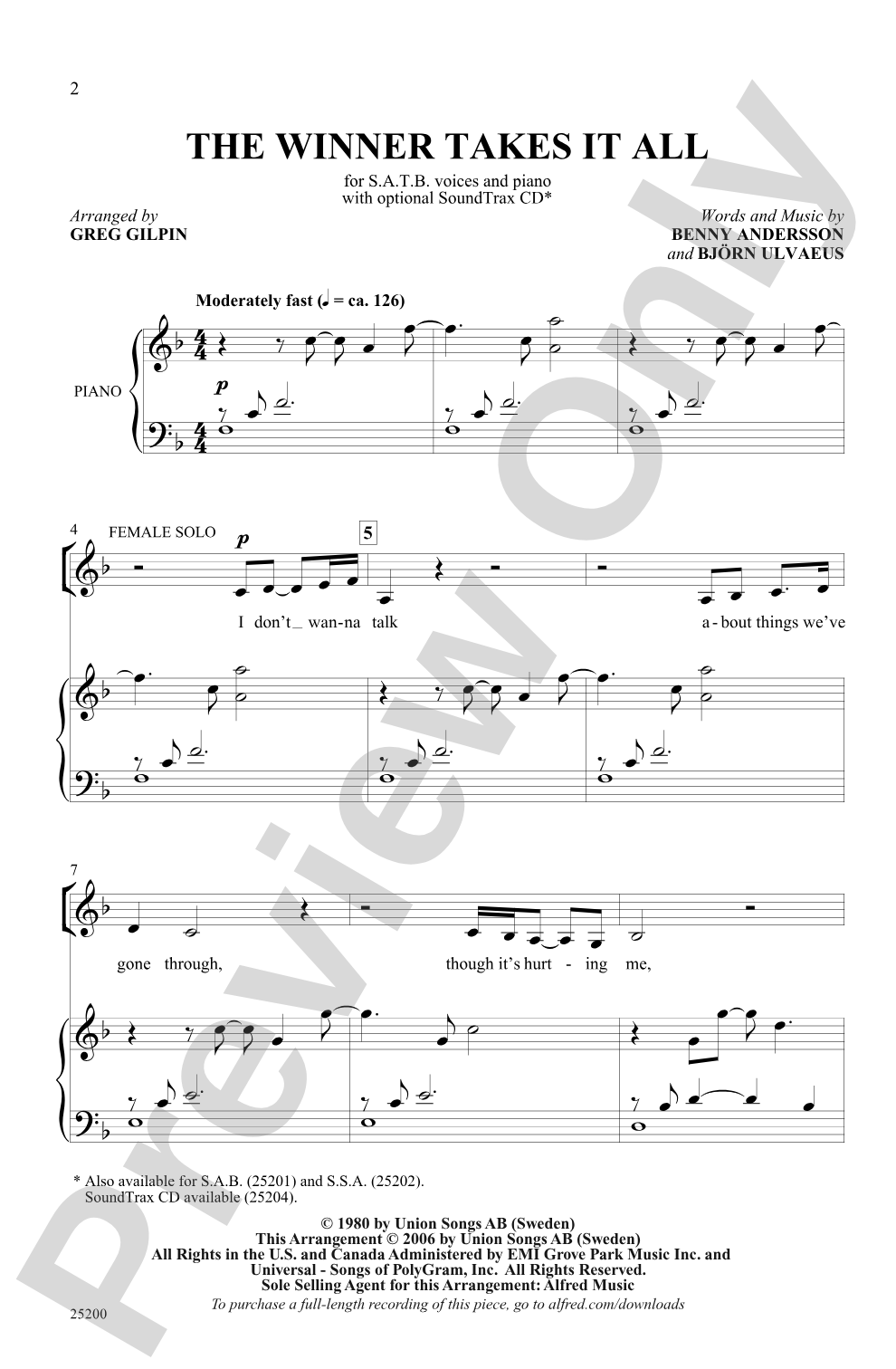 The Winner Takes It All (from <I>Mamma Mia!</I>): SATB Choral Octavo
