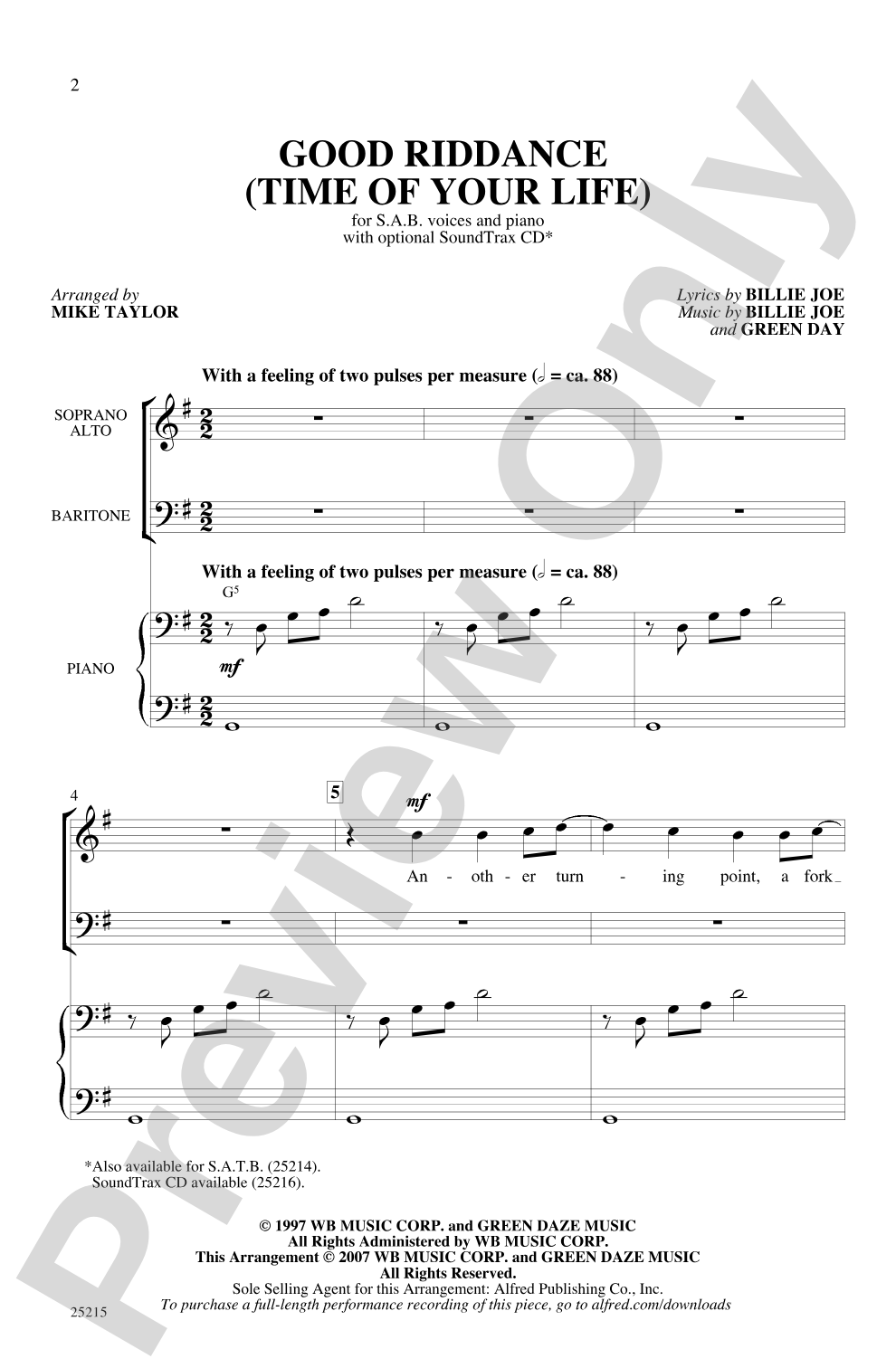 Good Riddance (Time of Your Life): SAB Choral Octavo