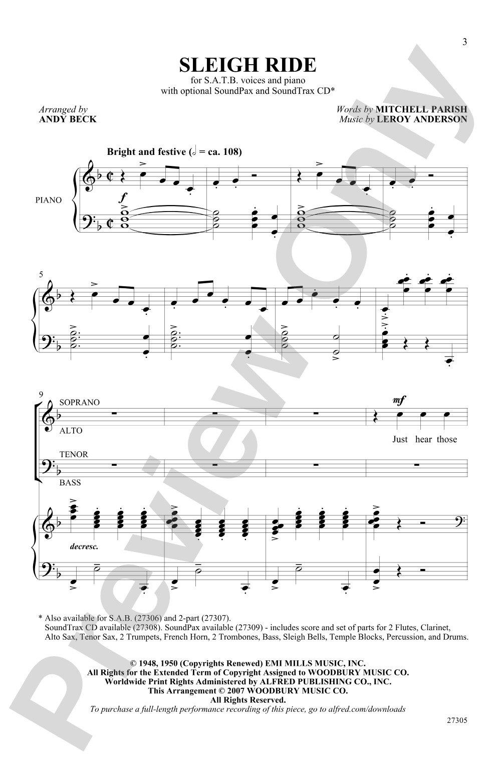 Sleigh Ride: SATB Choral Octavo