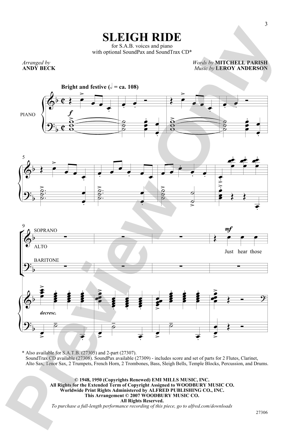 Sleigh Ride: SAB Choral Octavo