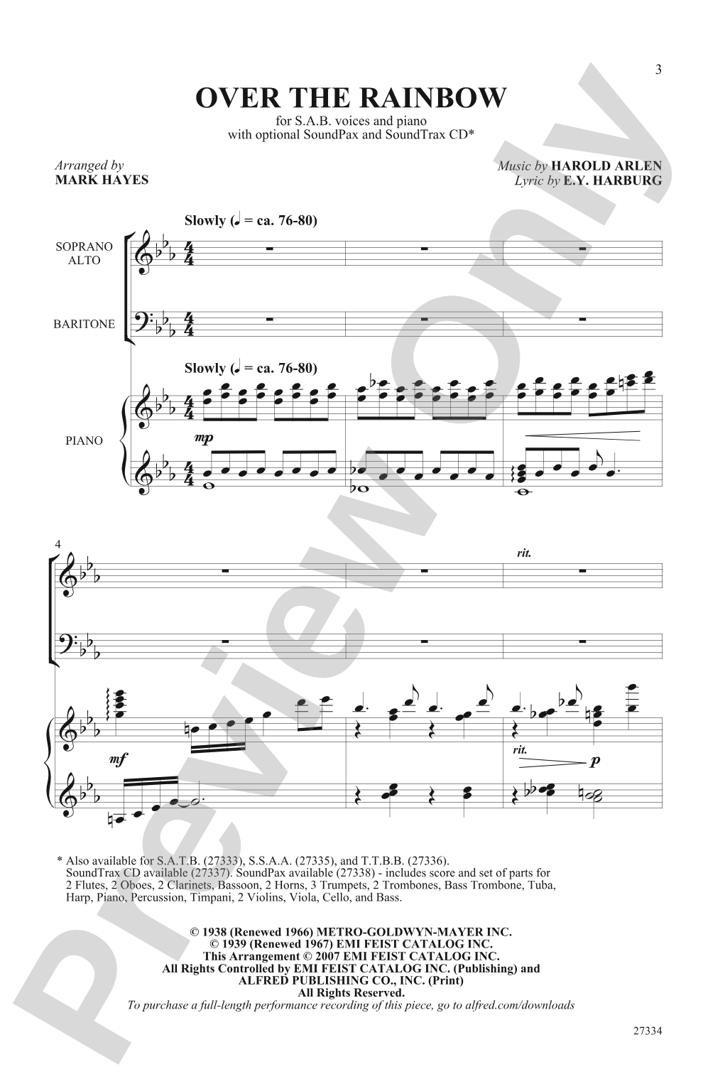 Over the Rainbow (from the musical <I>The Wizard of Oz</I>): SAB Choral Octavo