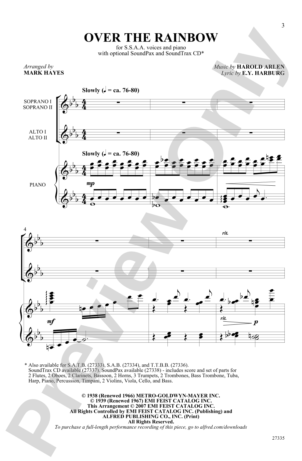 Over the Rainbow (from the musical <I>The Wizard of Oz</I>): SSAA Choral Octavo