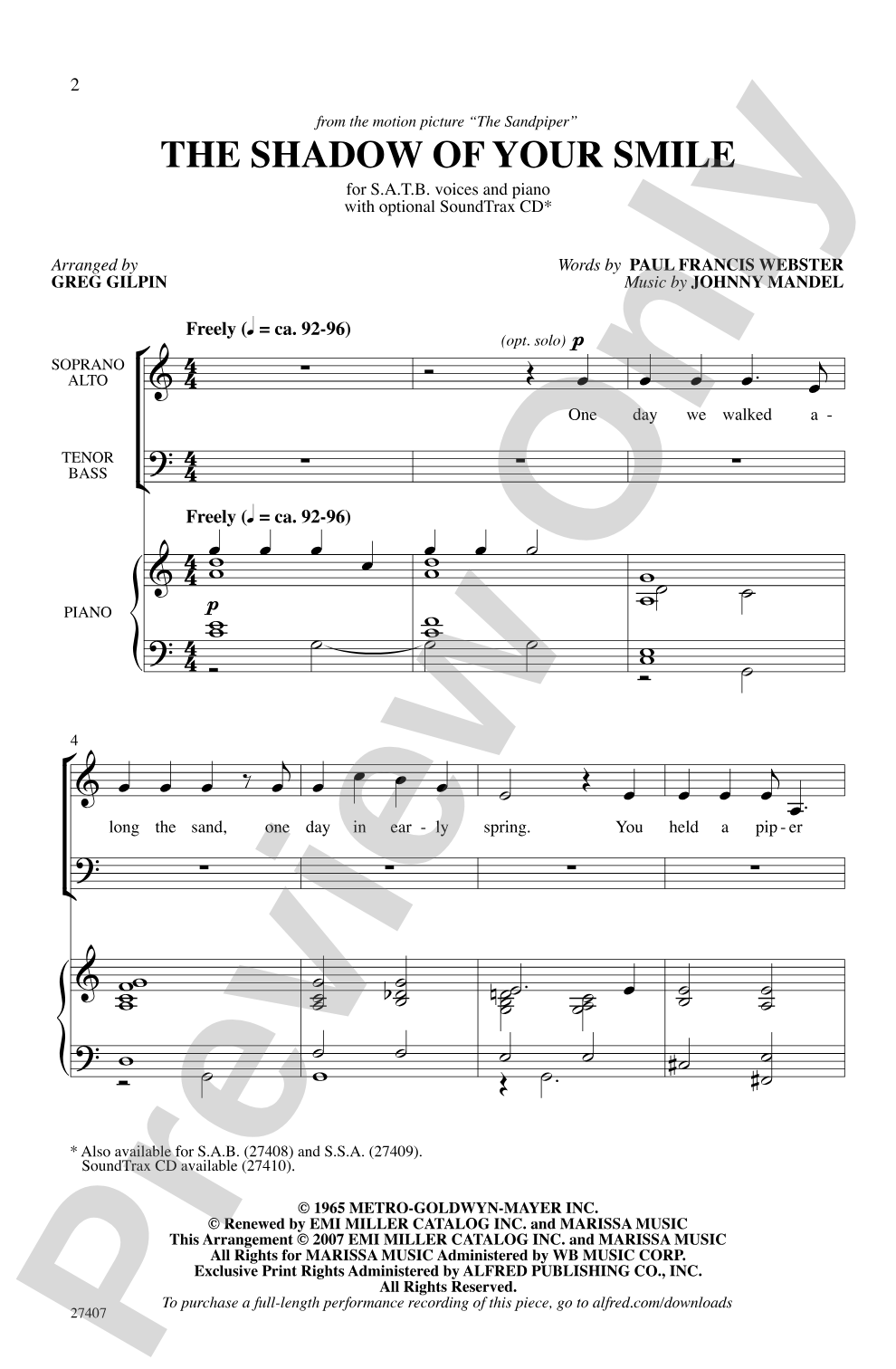The Shadow of Your Smile (from <I>The Sandpiper</I>): SATB Choral Octavo