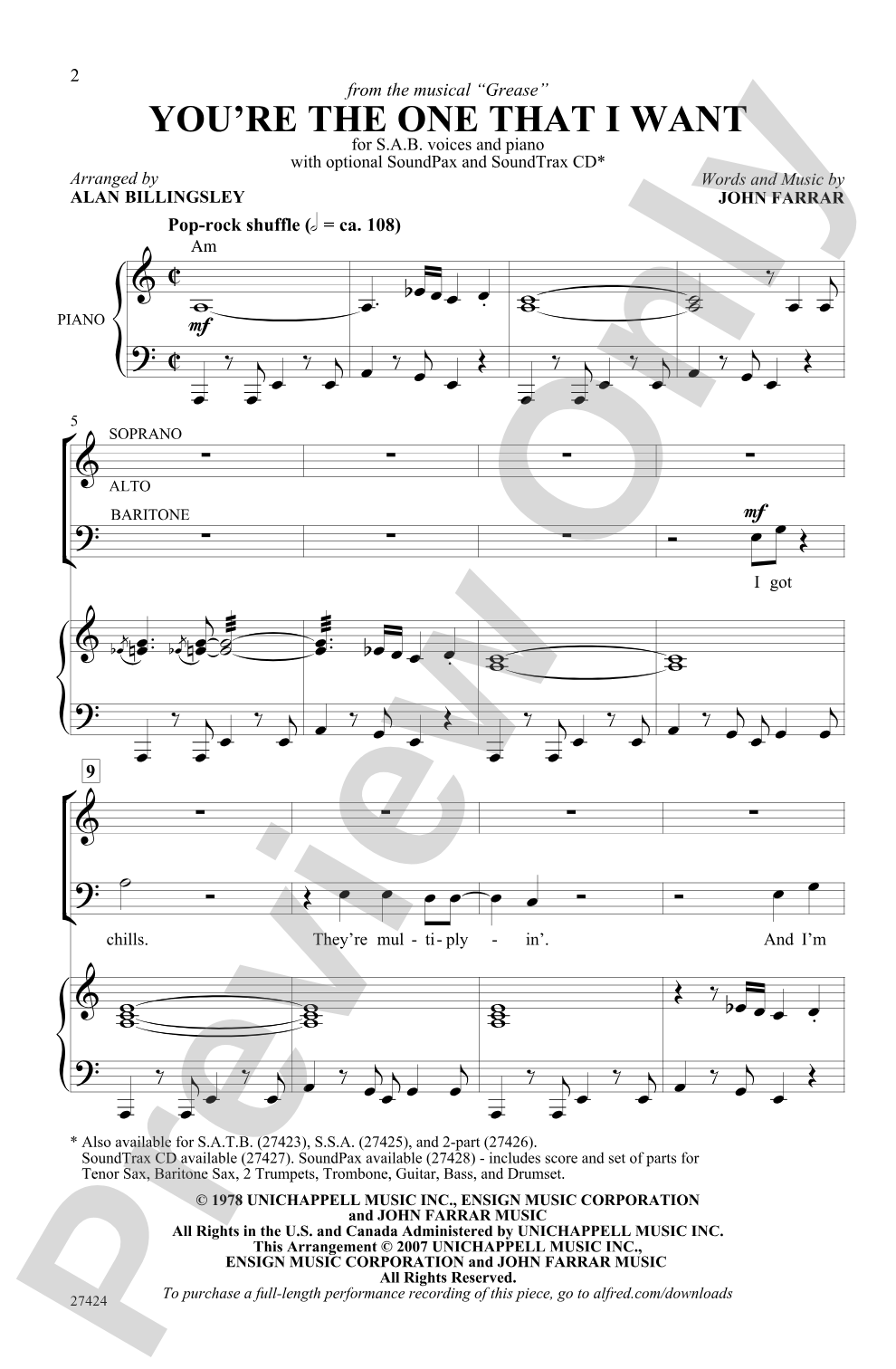 You're the One That I Want (from <I>Grease</I>): SAB Choral Octavo
