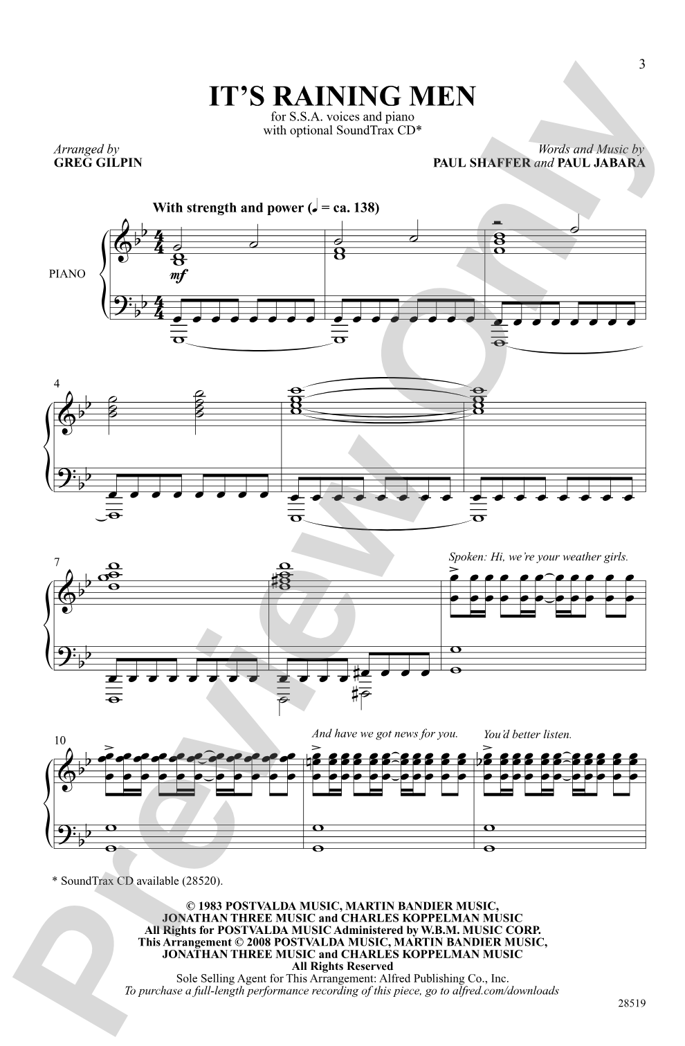 It's Raining Men: SSA Choral Octavo