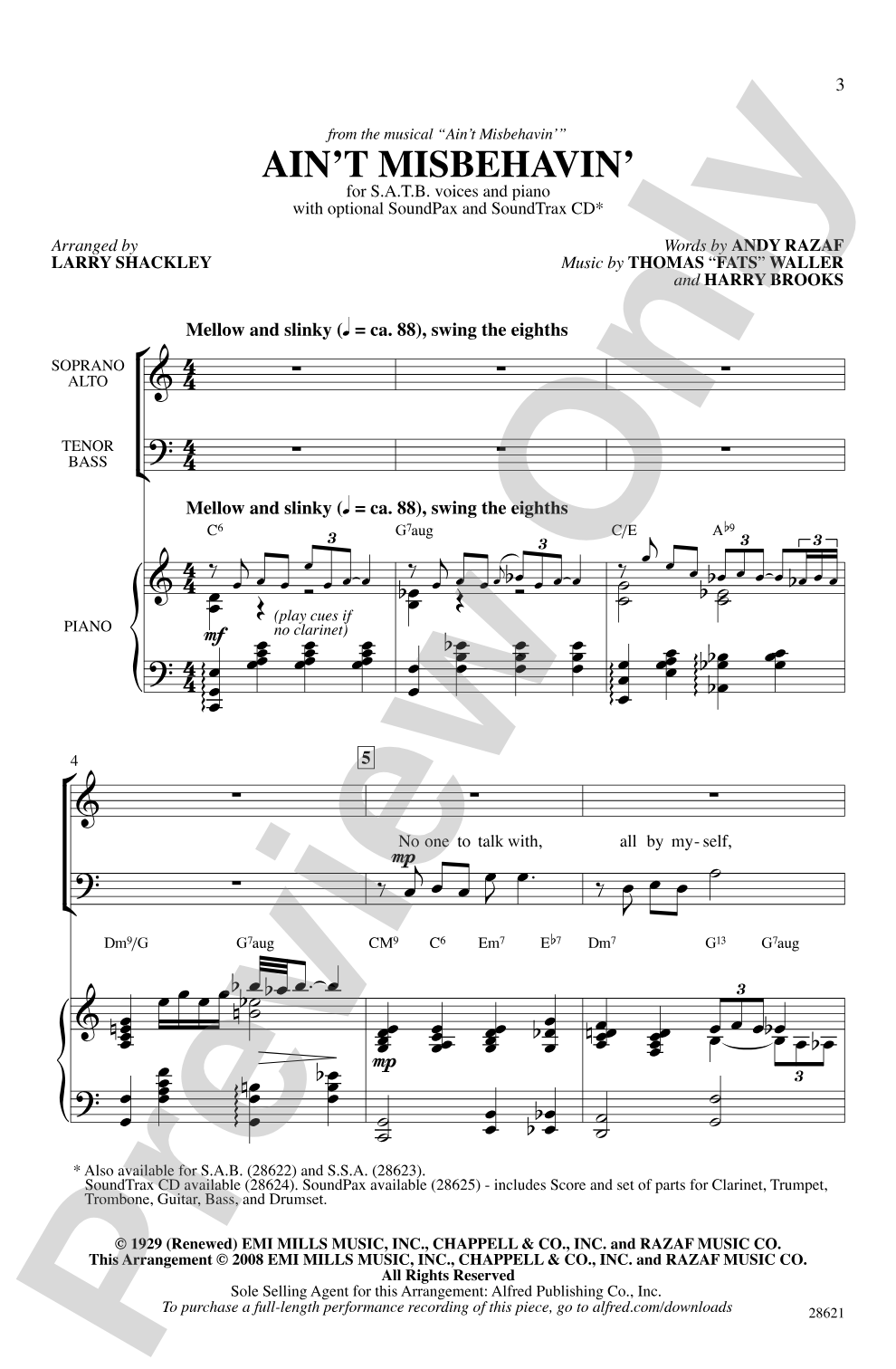 Ain't Misbehavin' (from the musical <i>Ain't Misbehavin'</i>): SATB Choral Octavo