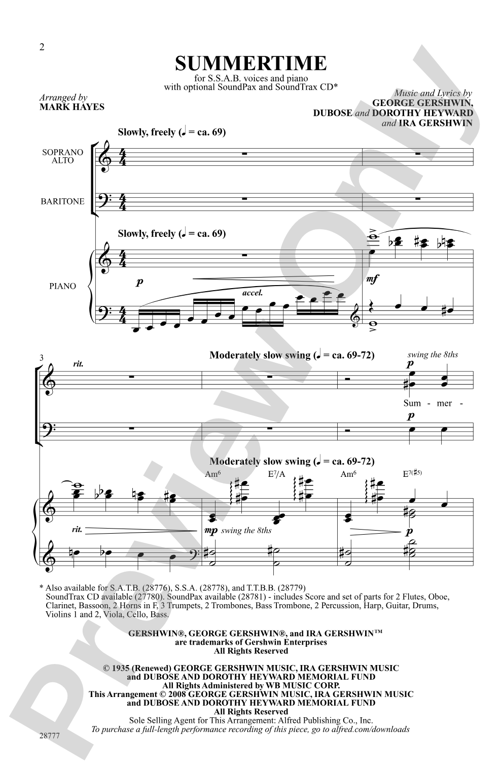 Summertime (from the musical <i>Porgy and Bess</i>): SSAB Choral Octavo