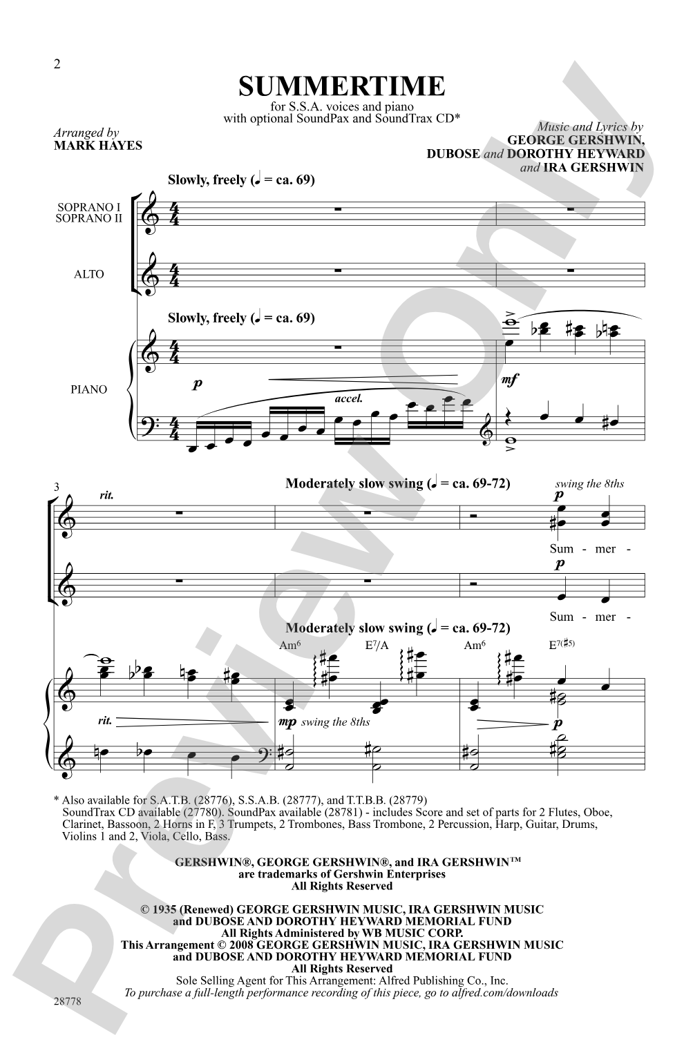 Summertime (from the musical <i>Porgy and Bess</i>): SSA Choral Octavo