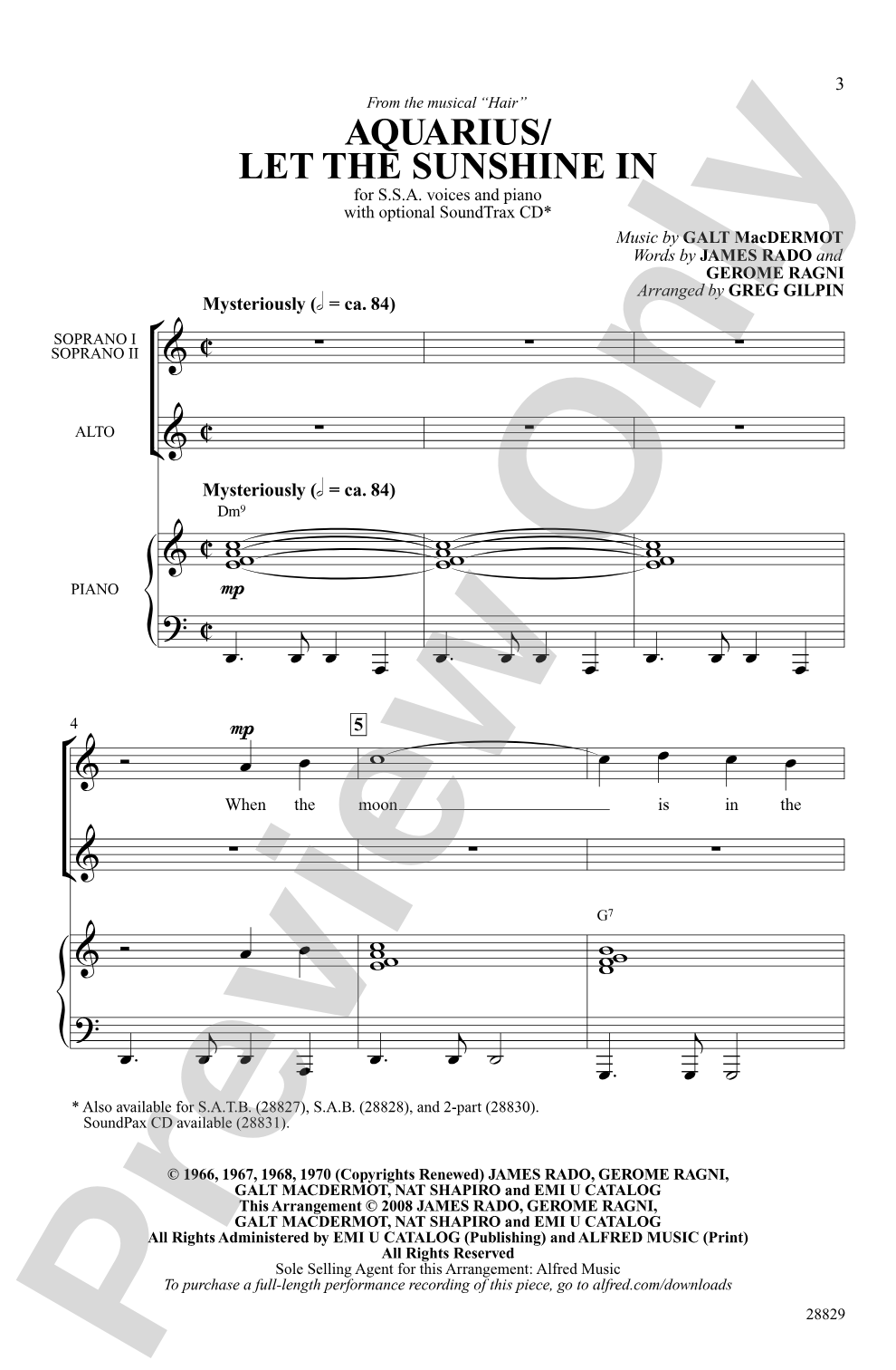 Aquarius / Let the Sunshine In: SSA Choral Octavo