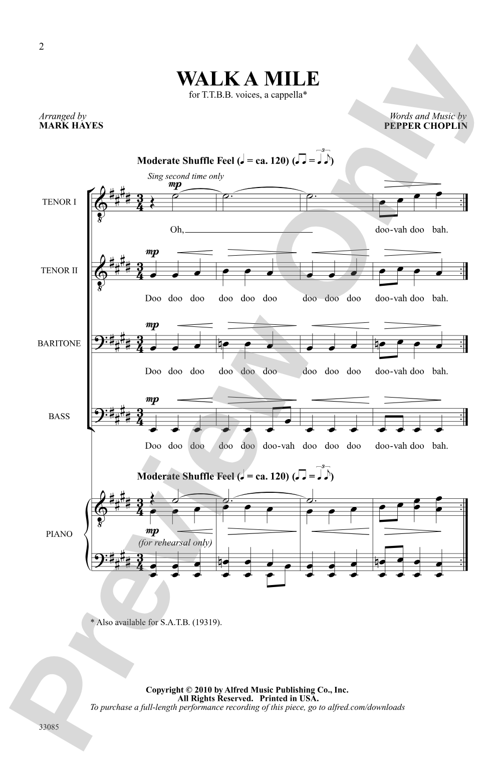 Walk a Mile: TTBB, <I>a cappella</I> Choral Octavo
