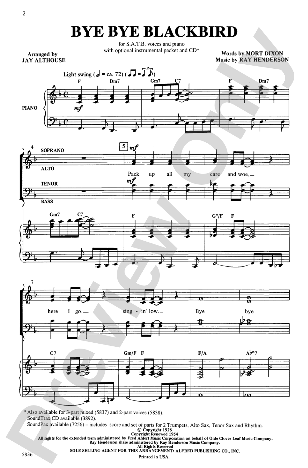 Bye Bye Blackbird: SATB Choral Octavo | Mort Dixon | Digital Sheet