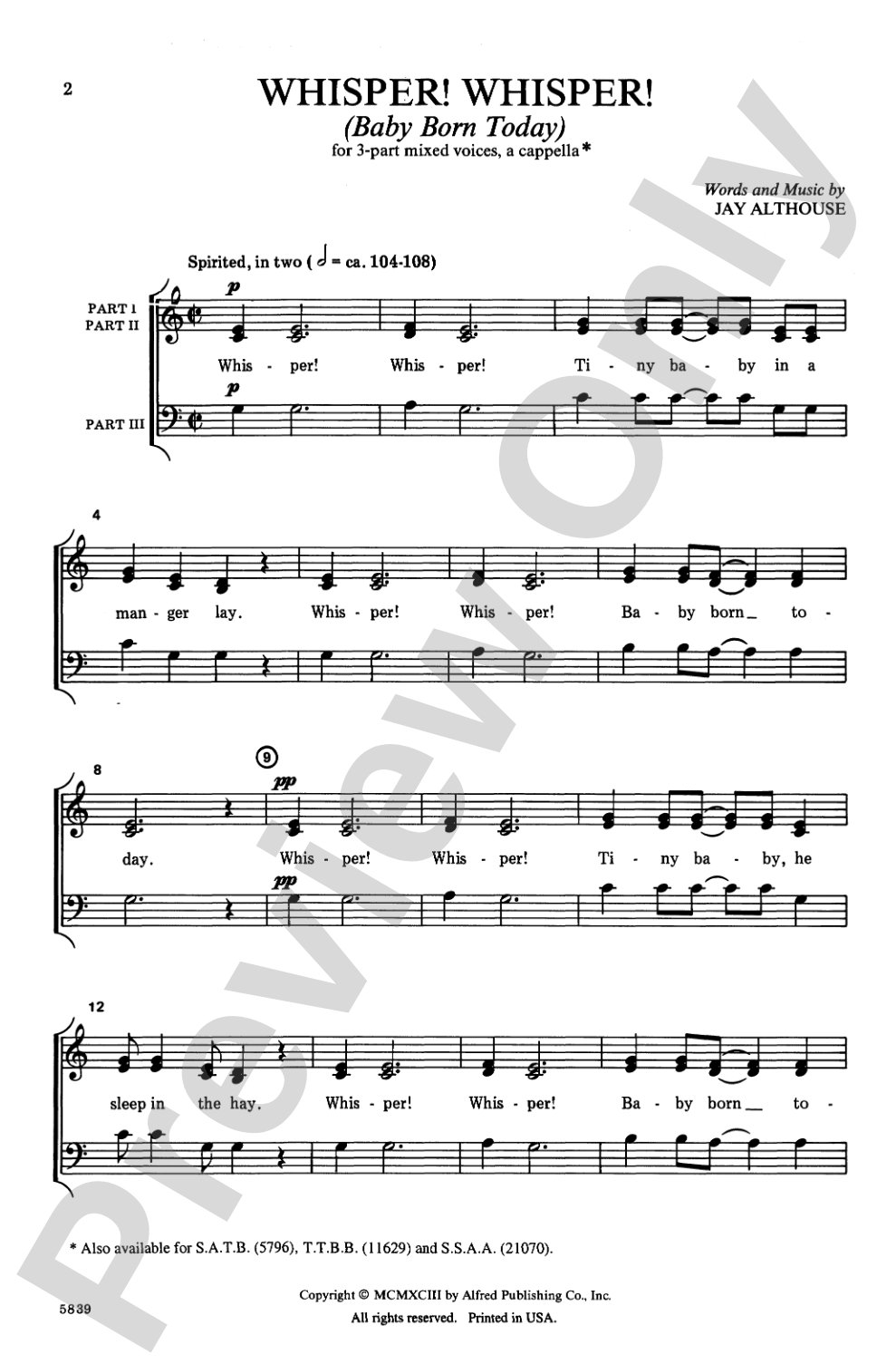 Whisper! Whisper! (Baby Born Today): 3-Part Mixed, <I>a cappella</I> Choral Octavo