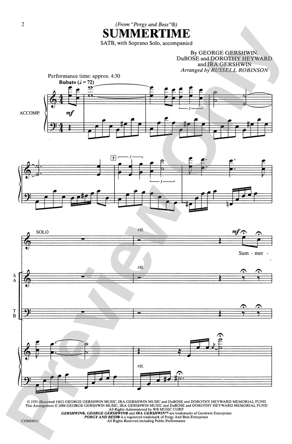 Summertime (from <I>Porgy and Bess</I>®): SATB and Soprano Solo Choral Octavo