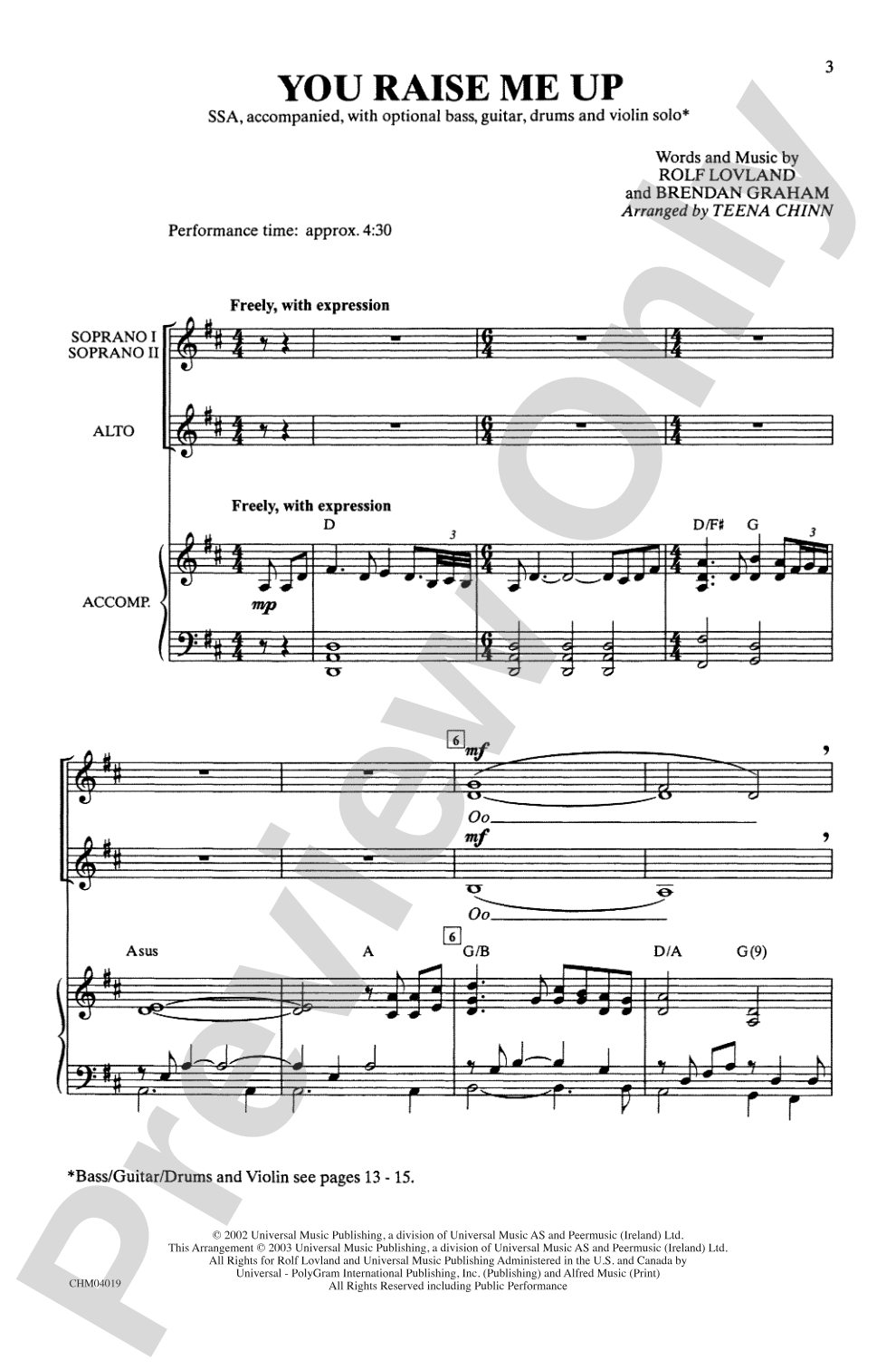 You Raise Me Up (as recorded by Josh Groban): SSA Choral Octavo