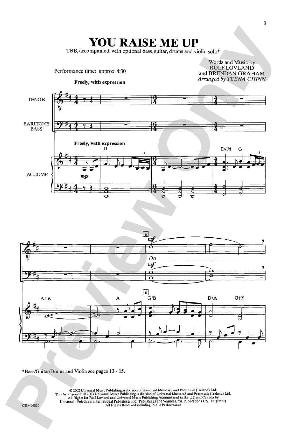 You Raise Me Up (as recorded by Josh Groban): TBB Choral Octavo