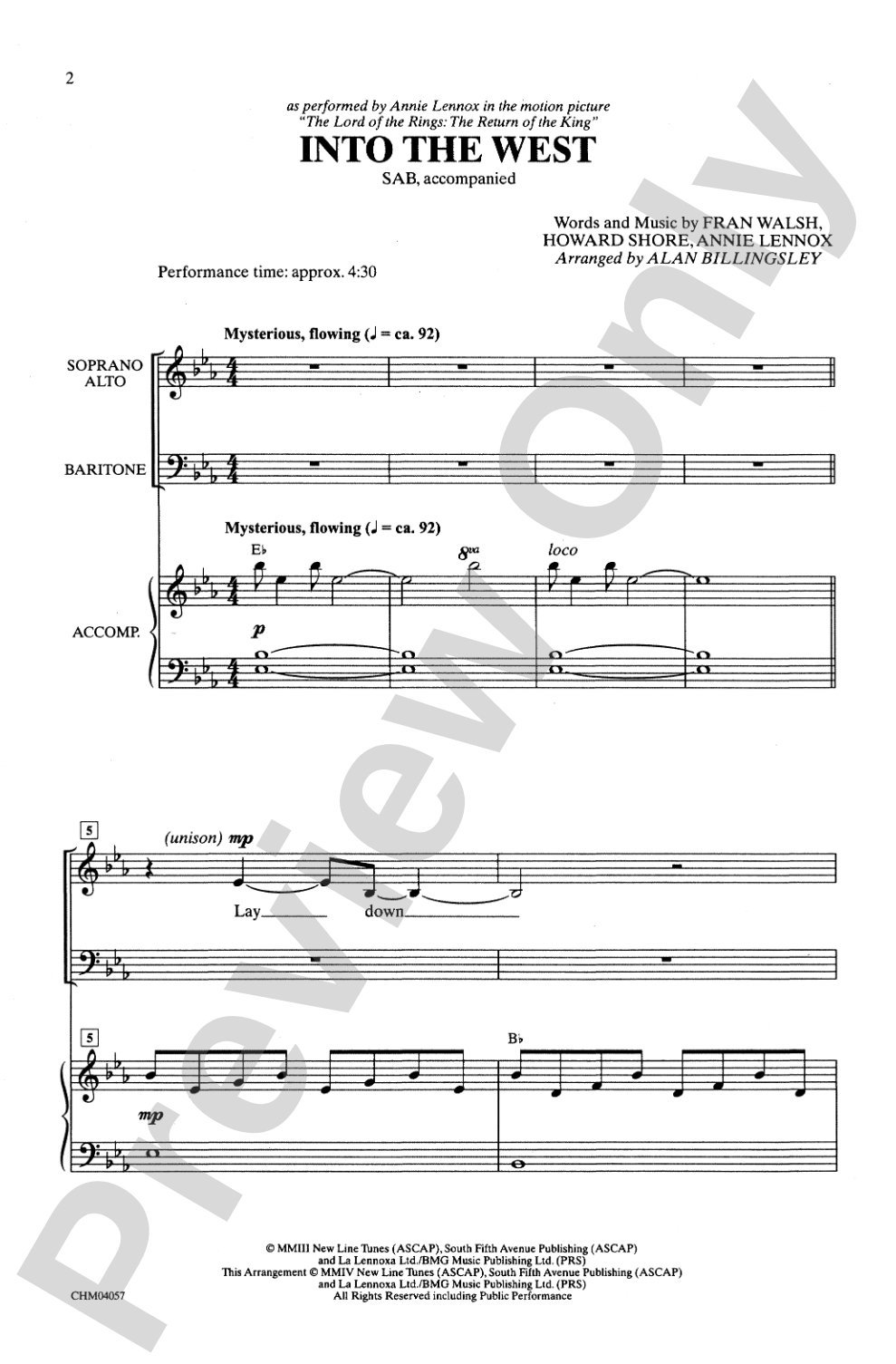 Into the West (from <I>The Lord of the Rings: The Return of the King</I>): SAB Choral Octavo
