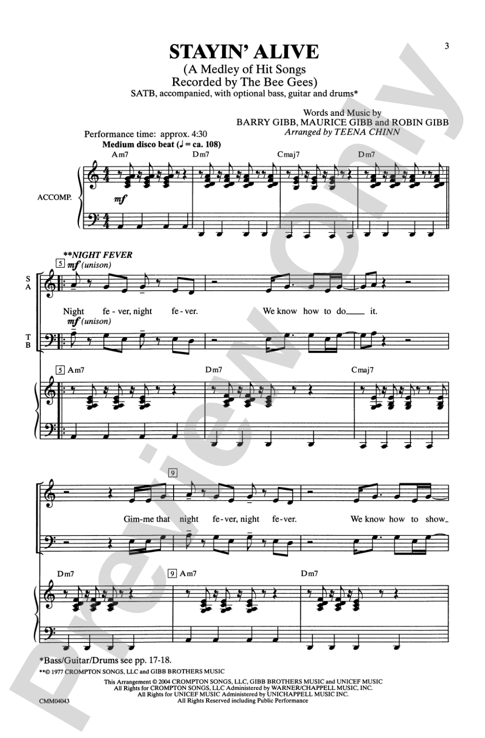 Stayin' Alive (A Medley of Hit Songs Recorded by the Bee Gees): SATB Choral Octavo