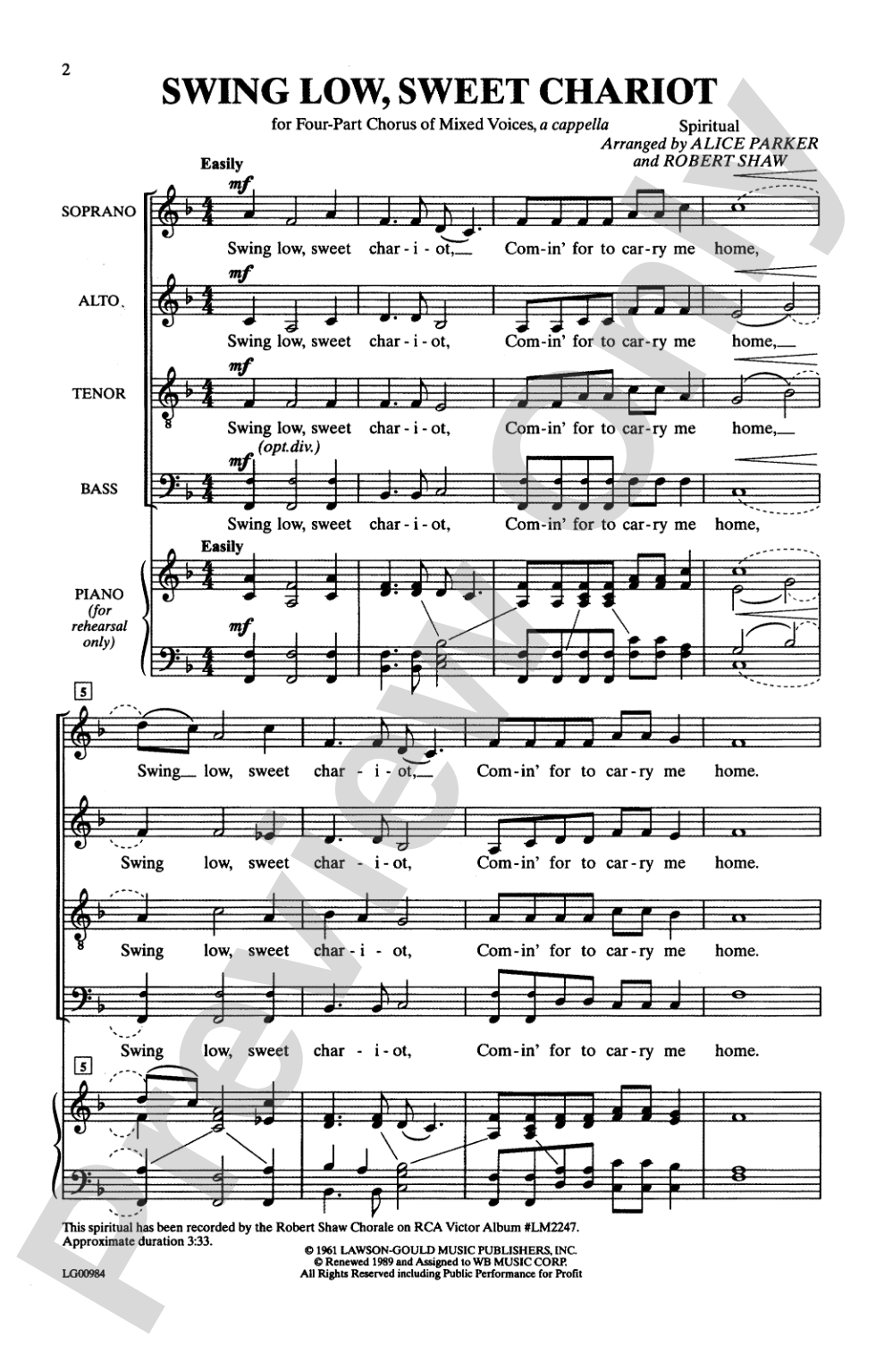 Swing Low, Sweet Chariot: SATB Choral Octavo