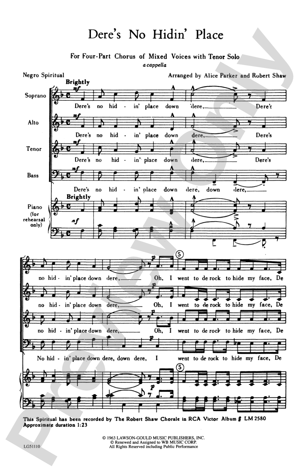 Dere's No Hidin' Place: SATB, <I>a cappella</I> Choral Octavo