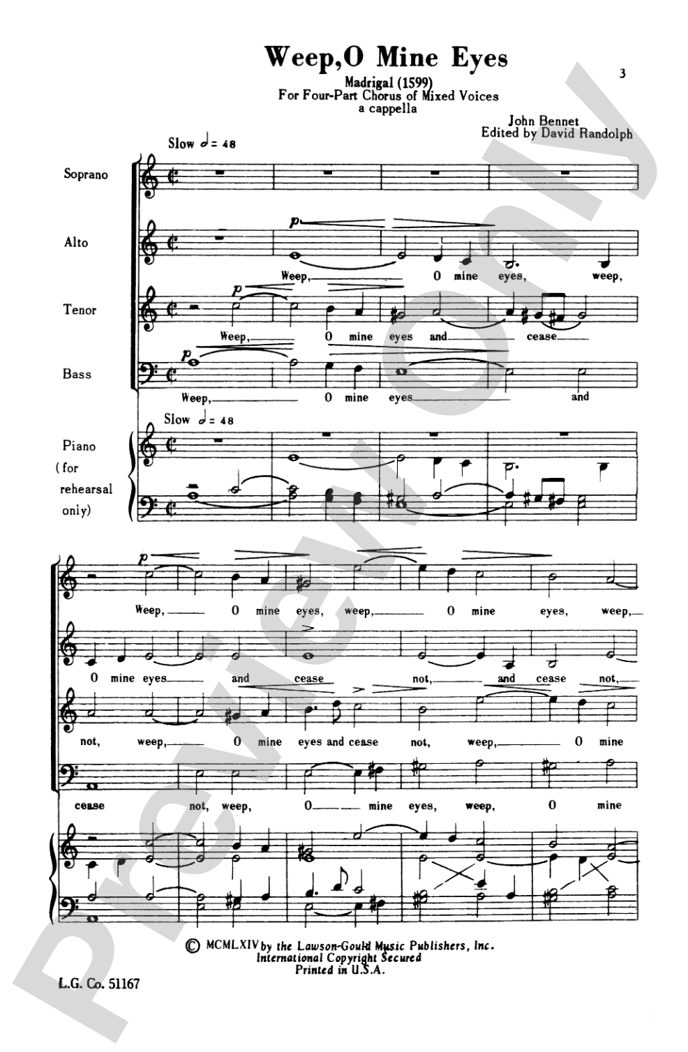 Weep, O Mine Eyes: SATB, <I>a cappella</I> Choral Octavo