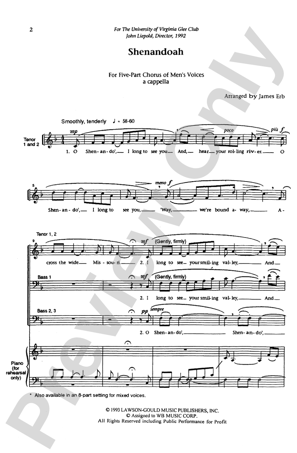 Shenandoah: TTBBB, <I>a cappella</I> Choral Octavo