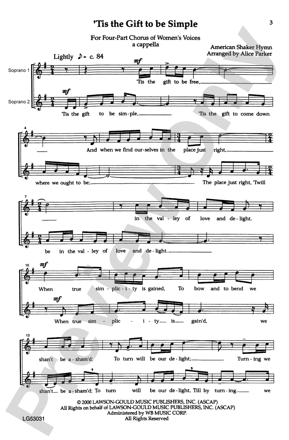 'Tis the Gift to Be Simple: SSAA, <I>a cappella</I> Choral Octavo