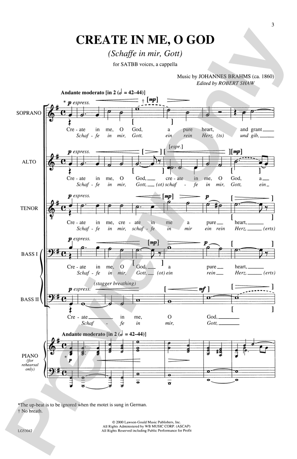 Create in Me, O God (Schaffe in mir, Gott): SATBB, <I>a cappella</I> Choral Octavo