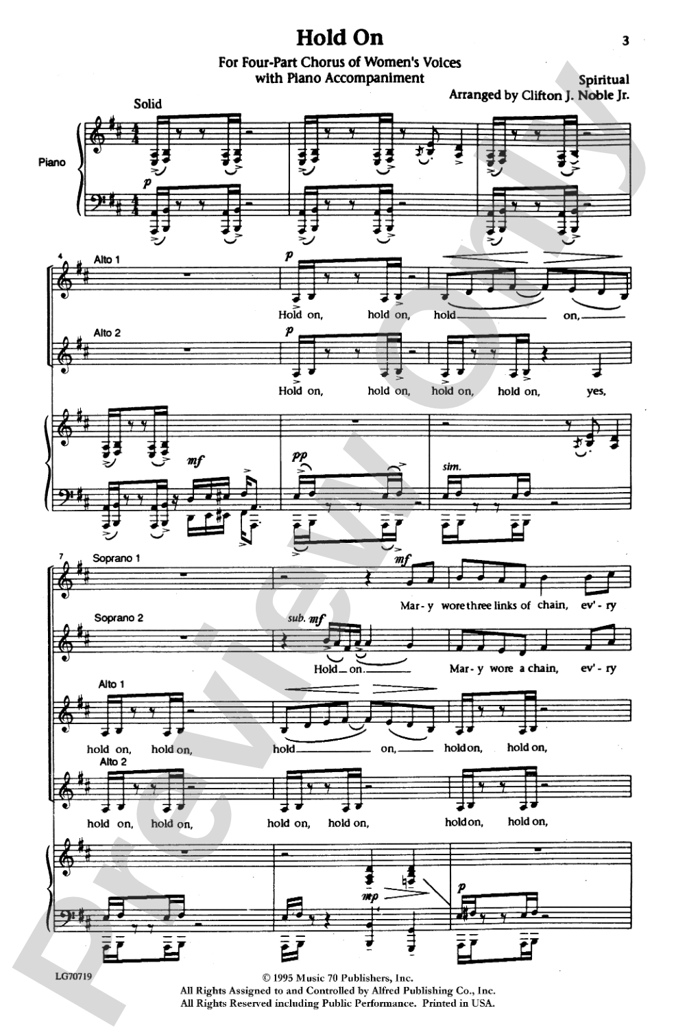 Hold On: SSAA Choral Octavo