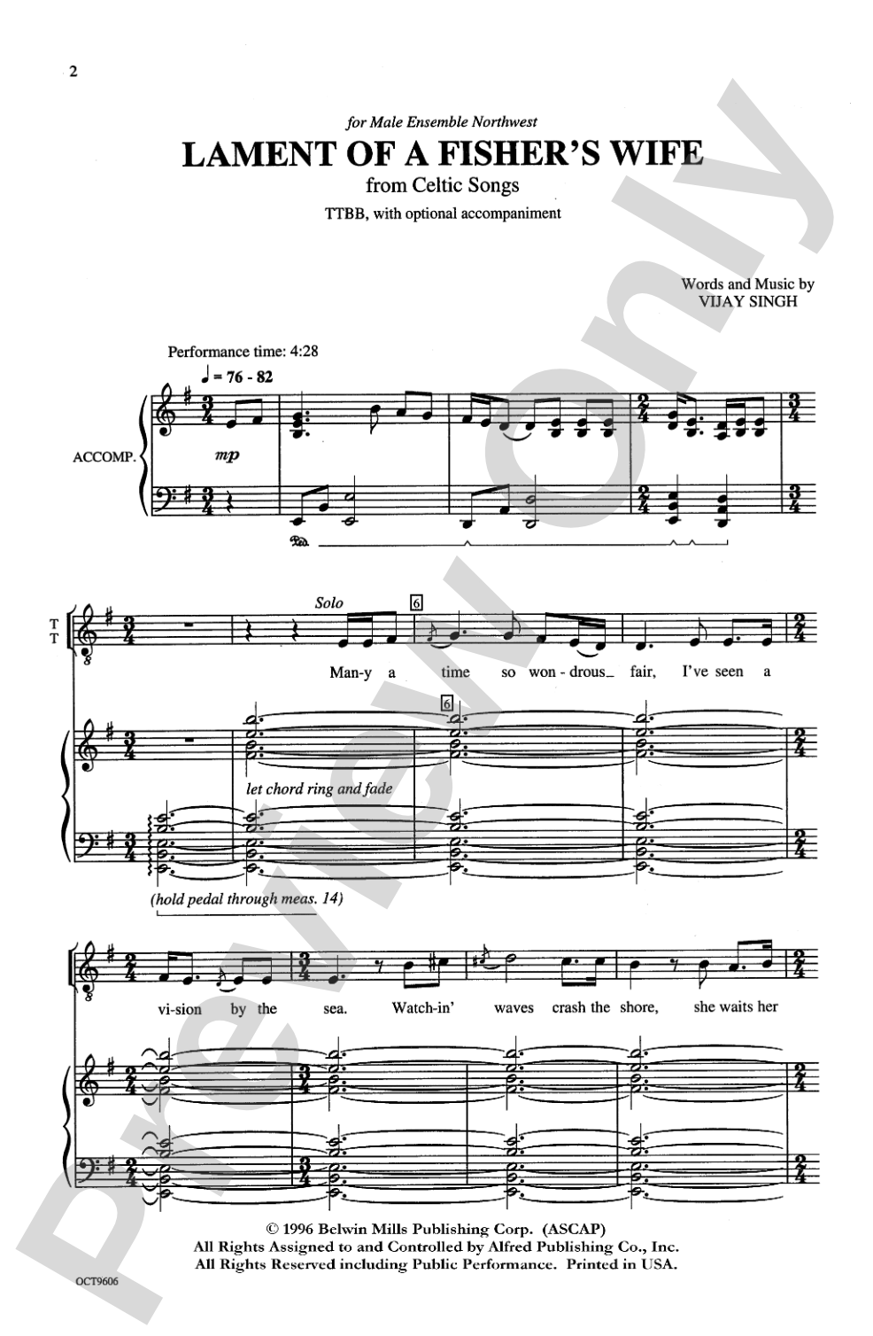 Lament of a Fisher's Wife (from <I>Celtic Songs</I>): TTBB, <I>a cappella</I> Choral Octavo