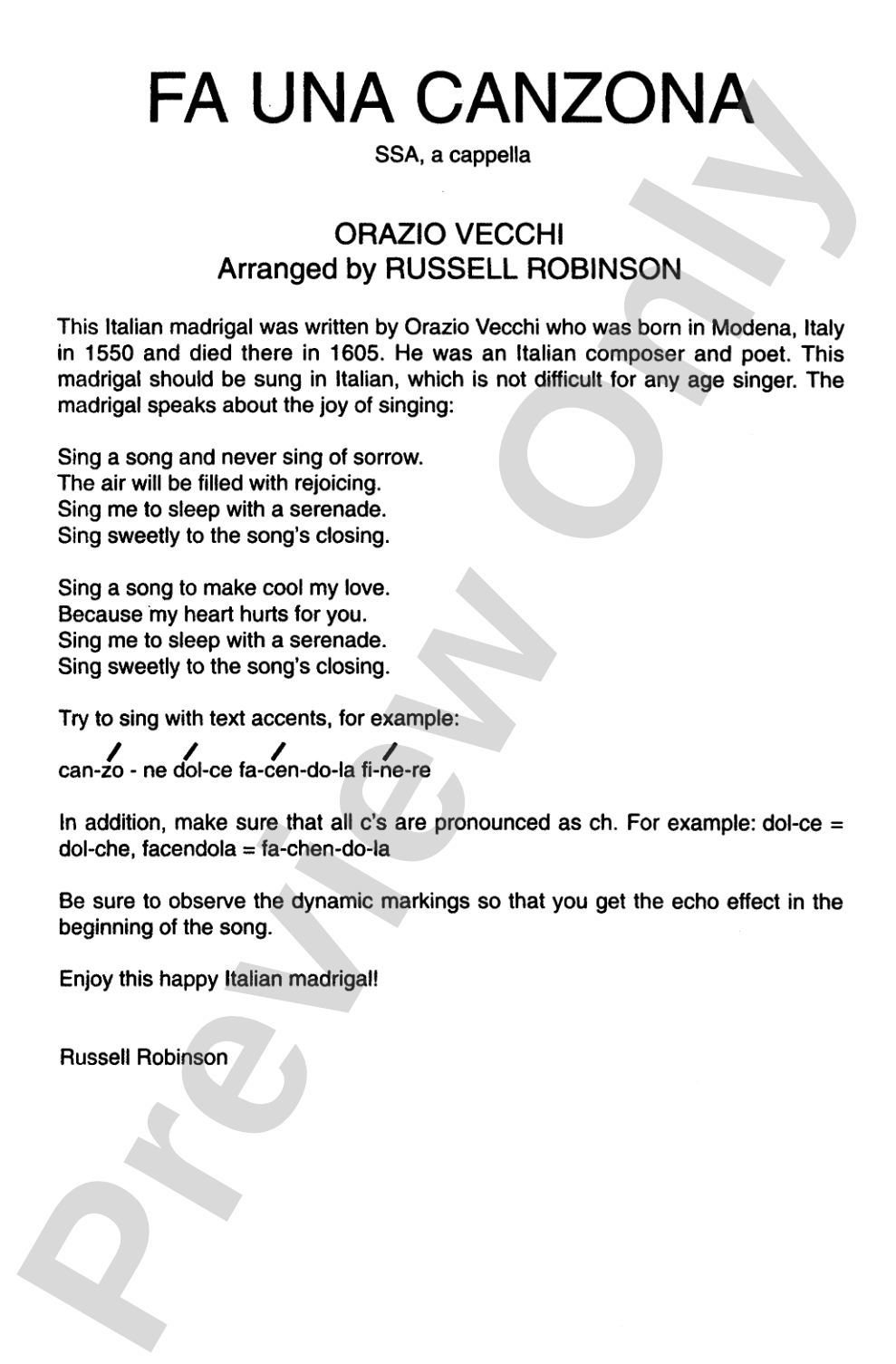Fa Una Canzona (Sing Now a Song): SSA, <I>a cappella</I> Choral Octavo