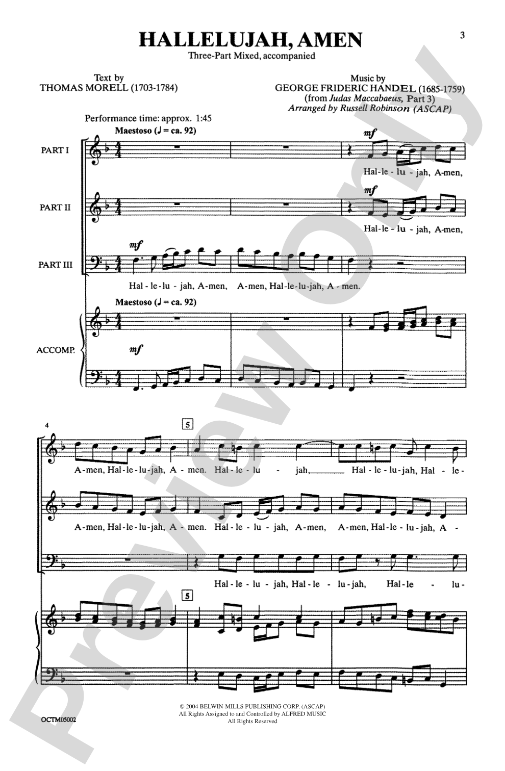 Hallelujah, Amen (from <I>Judas Maccabaeus</I>): 3-Part Mixed Choral Octavo